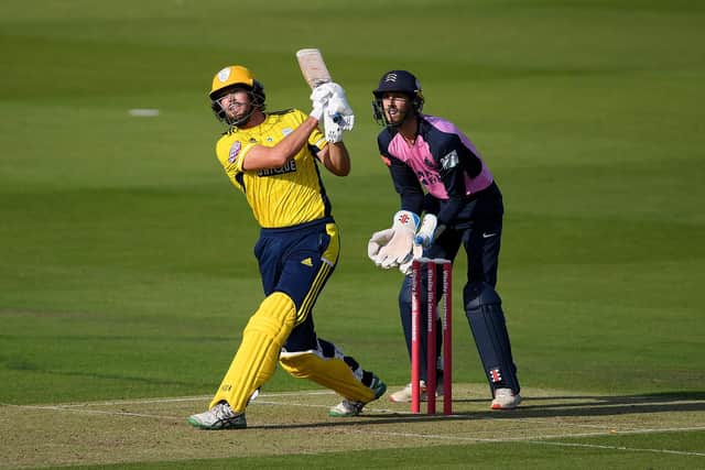 James Fuller hits out during Hampshire's T20 Blast loss at Middlesex. Photo by Alex Davidson/Getty Images.