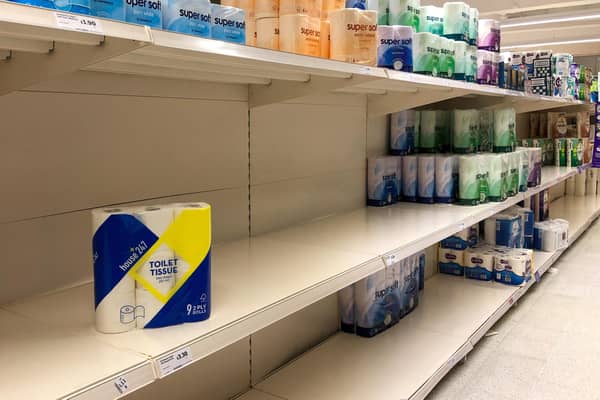 Shortage of toilet rolls on the shelves at a Sainsbury's store. Picture: Joe Giddens/PA Wire