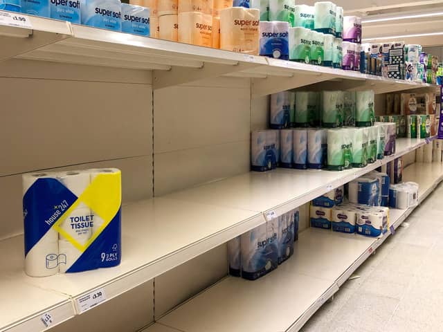 Shortage of toilet rolls on the shelves at a Sainsbury's store. Picture: Joe Giddens/PA Wire