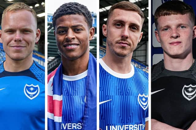 New Pompey recruits (L-R) Anthony Scully, Kusini Yengi, Gavin Whyte and Terry Devlin are among those set to feature at Bognor tonight.