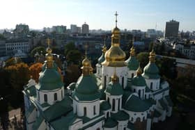 The golden domes of St. Sophia's Cathedral stand in Ukraine's city centre.