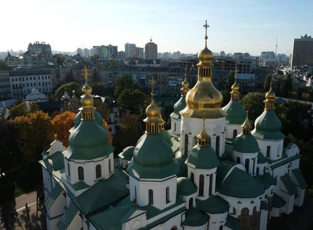 The golden domes of St. Sophia's Cathedral stand in Ukraine's city centre.