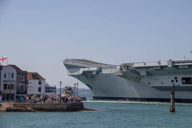 HMS Prince of Wales leaving Portsmouth on Friday 2nd August 2024
Pictured: View of HMS Prince of Wales going past Spice Island
Picture: Habibur Rahman