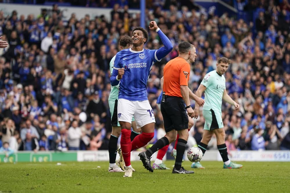 Kusini Yengi celebrates Pompey's consolation goal in their 2-1 defeat to Wigan. Picture: Jason Brown/ProSportsImages