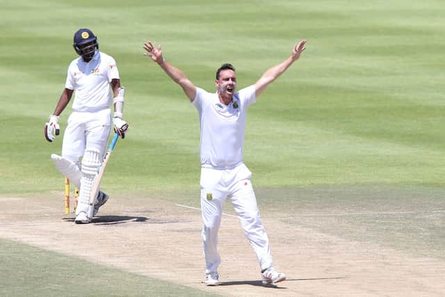 Kyle Abbott appeals for a wicket against Sri Lanka in January 2107 in Cape Town. Photo by Luke Walker/Gallo Images/Getty Images.