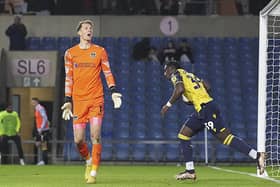 Matt Macey can't believe it after Oxford United equalise in a disappointing 1-1 draw. Picture: Barry Zee