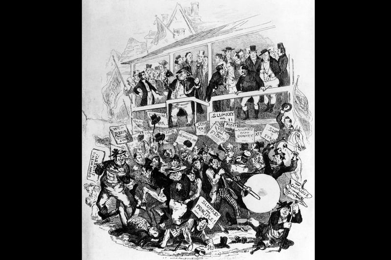Chaos at the Eatanswill election scene from Charles Dickens's first novel 'The Pickwick Papers', published as a serial from 1836 to 1837. Illustration by Phiz (Hablot Knight Browne, 1815 - 1882). (Photo by Hulton Archive/Getty Images)