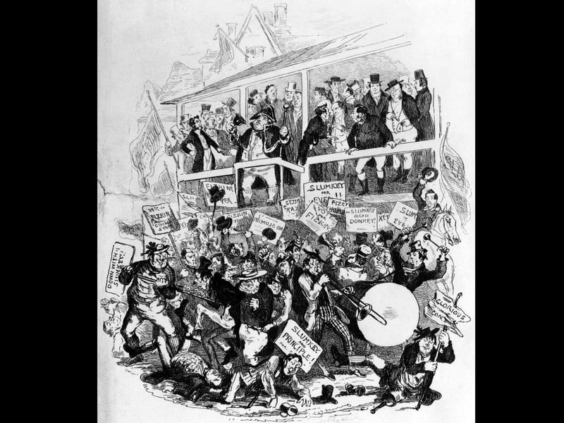 Chaos at the Eatanswill election scene from Charles Dickens's first novel 'The Pickwick Papers', published as a serial from 1836 to 1837. Illustration by Phiz (Hablot Knight Browne, 1815 - 1882). (Photo by Hulton Archive/Getty Images)