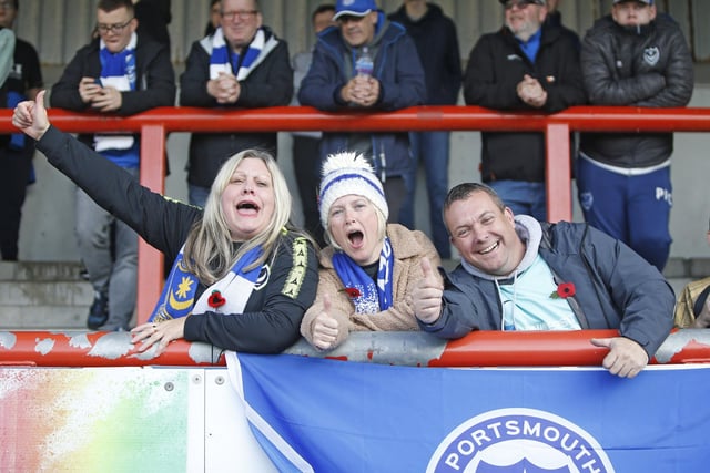 Portsmouth fans during the EFL Sky Bet League 1 match between Morecambe and Portsmouth at the Globe Arena, Morecambe, England on 12 November 2022.