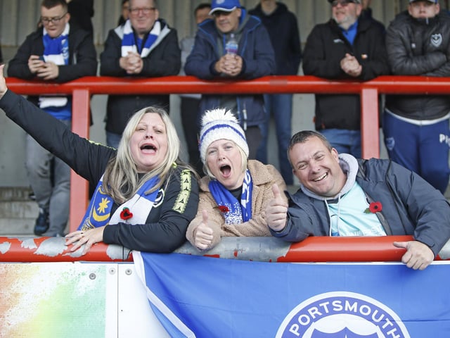 Portsmouth fans during the EFL Sky Bet League 1 match between Morecambe and Portsmouth at the Globe Arena, Morecambe, England on 12 November 2022.