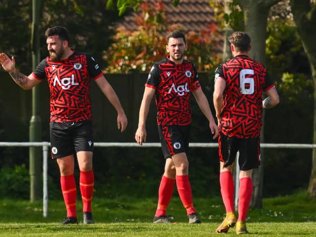 Locks Heath celebrate a goal in their 2-0 win against Clanfield. Picture by Richard Murray