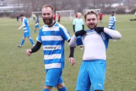 Barry Jeans, left, has just scored AC Copnor's third goal. Picture: Stuart Martin