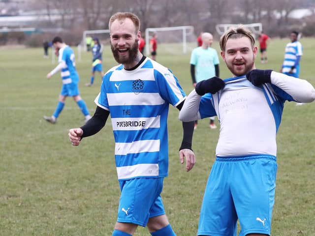 Barry Jeans, left, has just scored AC Copnor's third goal. Picture: Stuart Martin