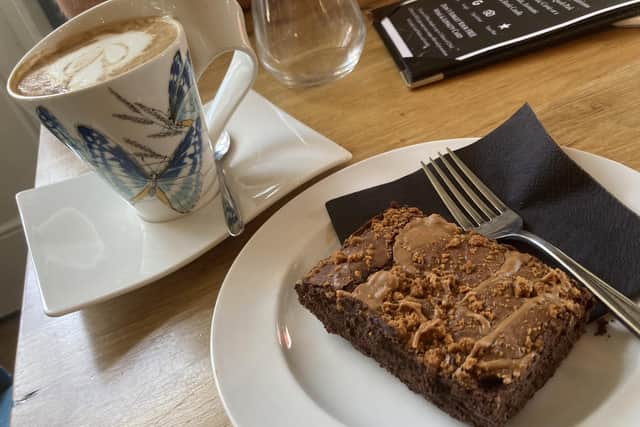 The chocolate brownie and latte