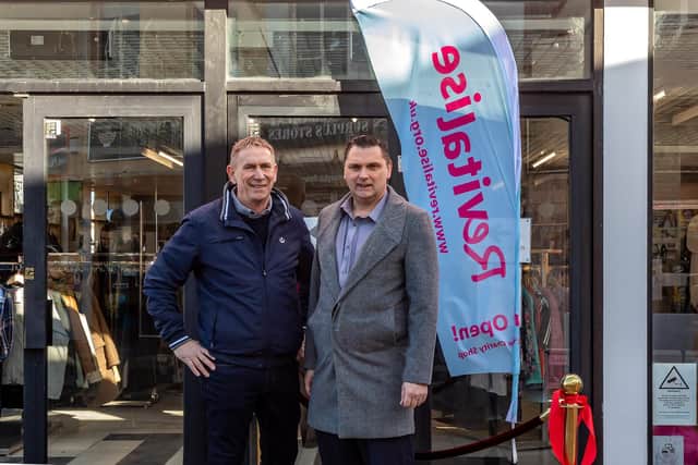 Alan Knight (MBE) with head of retail Andrew Pallister at the opening of the new Revitalise store in Charlotte Street. Picture: Mike Cooter (250222)