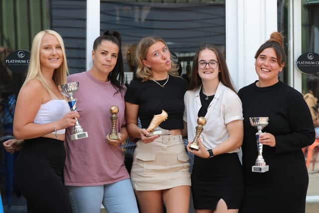 From left - Hawks' award winners Jodie Burchall, Liz Morgan, Sarah Butterworth, Ali Green and Chloe Dark. Picture by Dave Haines.