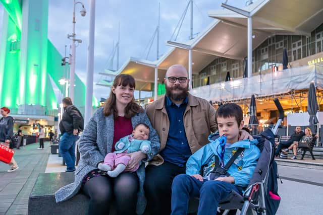 The Galway family from Portsmouth at Gunwharf in support of International Phelan-McDermid Syndrome Awareness Day. Pictured: Claire Galway (36), Robyn Galway (7 weeks), David Galway (37) and Elliot Galway (5). Picture: Mike Cooter (221022)