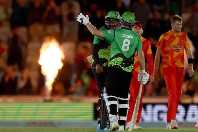 Southern Brave's Chris Jordan and Liam Dawson after their side's victory over Birmingham Phoenix at The Ageas Bowl. Picture: Steven Paston/PA Wire.