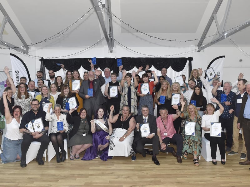 The award winners and commended businesses celebrate together onstage at the Gosport Business Awards.