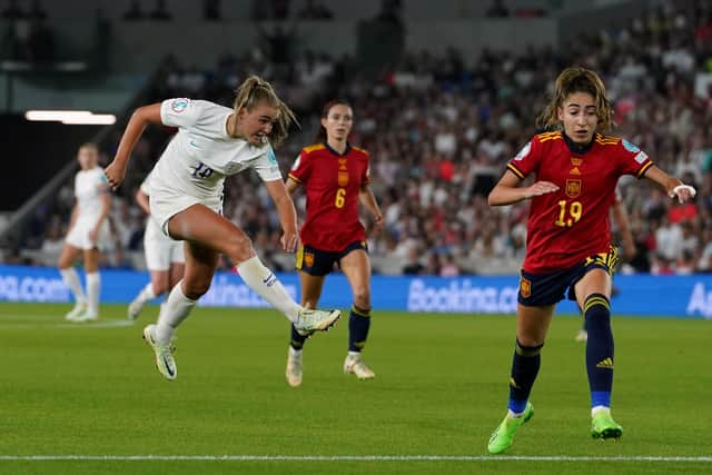 England's Georgia Stanway scores her side's second goal against Spain during the UEFA Women's Euro 2022 Quarter Final match.