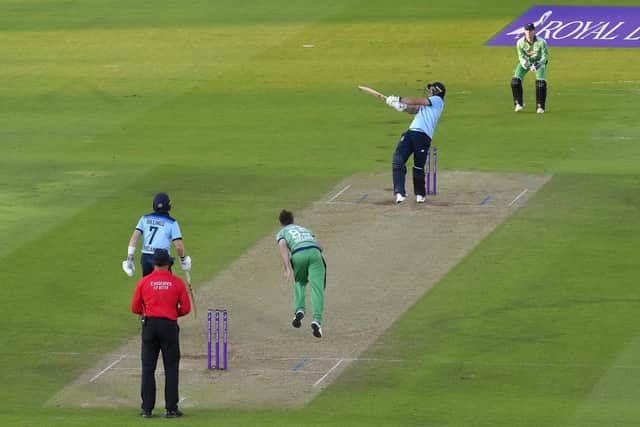 England's David Willey hits the winning runs in Saturday's ODI success against Ireland at The Ageas Bowl. Photo by Mike Hewitt/Getty Images.