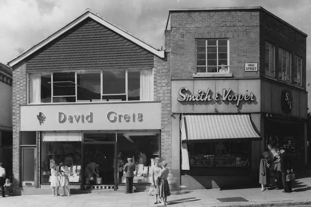 At the junction of High Street and Spur Road, Cosham, we find the wonderful David Greig’s provision shop. Picture: Barry Cox collection