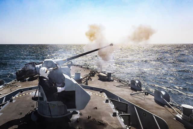 HMS Tamar pictured firing her 30mm gun during  gunnery exercise around south west waters. Photo: LPhot Alex Ceolin
