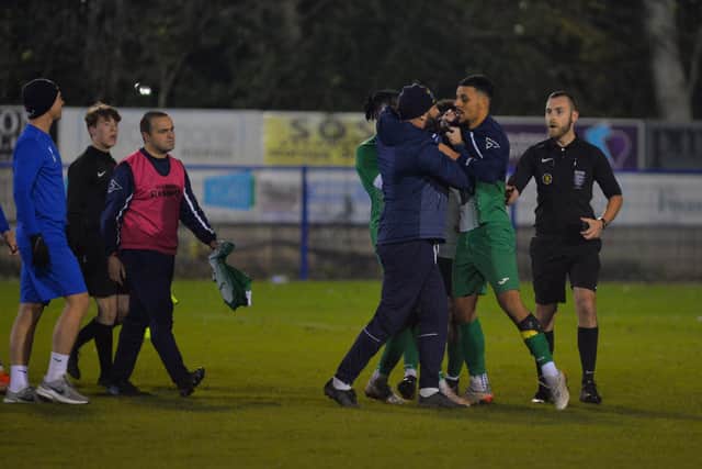 Tempers rise following the final whistle at Baffins last night. Picture: Martyn White.