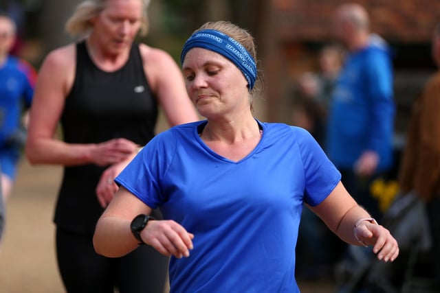 Third woman finisher, Lisa-Marie Peckover, in the 500th Havant parkrun at Staunton Country Park on Saturday morning. Picture: Chris Moorhouse (jpns 220423-019)