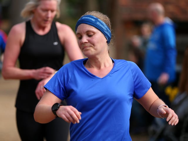 Third woman finisher, Lisa-Marie Peckover, in the 500th Havant parkrun at Staunton Country Park on Saturday morning. Picture: Chris Moorhouse (jpns 220423-019)