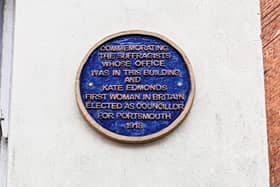 The blue plaque in Southsea commemorating Kate Edmonds, the city's first woman elected as a councillor in 1918, along with the activist suffragettes who supported her