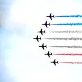 Red Arrows performing a flypast at the Goodwood Festival of Speed 2022. Pic S Robards SR2206232.