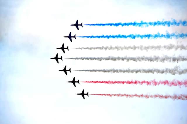 Red Arrows performing a flypast at the Goodwood Festival of Speed 2022. Pic S Robards SR2206232.