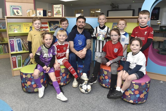 Pictured is: (middle) PFC player Owen Dale with (back l-r) Freddie Castle (6), Archie Pearce (6), Ezra Weisner (7), George Vincent (5) and Freddie Sadler (6) with (front l-r) Vinnie Spurway (5), Oscar Pearce (5), Isla McFawn (7) and Henry Pettett (6).
Picture: Sarah Standing (020323-624)