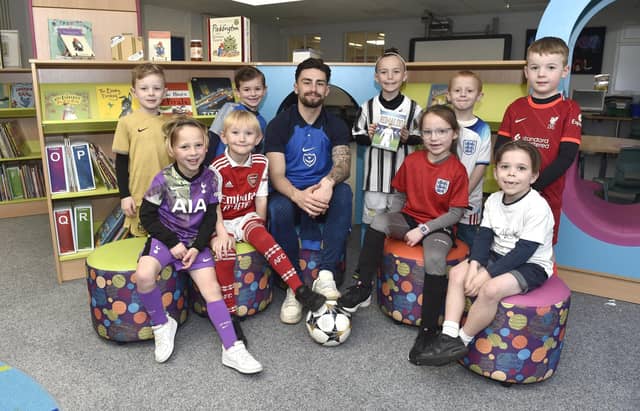 Pictured is: (middle) PFC player Owen Dale with (back l-r) Freddie Castle (6), Archie Pearce (6), Ezra Weisner (7), George Vincent (5) and Freddie Sadler (6) with (front l-r) Vinnie Spurway (5), Oscar Pearce (5), Isla McFawn (7) and Henry Pettett (6).
Picture: Sarah Standing (020323-624)