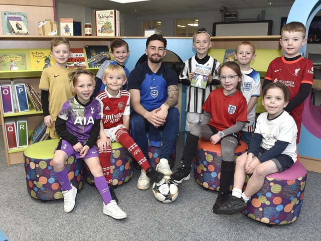 Pictured is: (middle) PFC player Owen Dale with (back l-r) Freddie Castle (6), Archie Pearce (6), Ezra Weisner (7), George Vincent (5) and Freddie Sadler (6) with (front l-r) Vinnie Spurway (5), Oscar Pearce (5), Isla McFawn (7) and Henry Pettett (6).
Picture: Sarah Standing (020323-624)