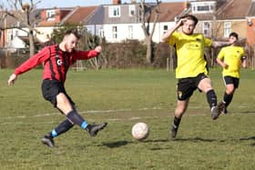 Jewellventus (red) score in their 4-0 win over Fratton Trades. Picture by Kevin Shipp