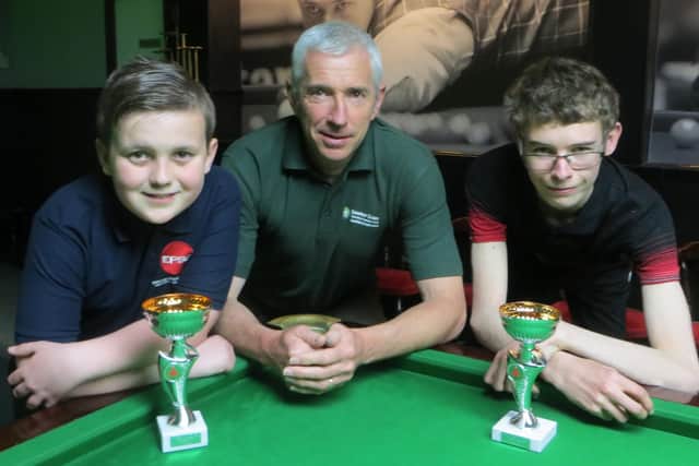 From left - Caden Read, Marc Lockley from event sponsor snookercrazy.com, Daniel Walter