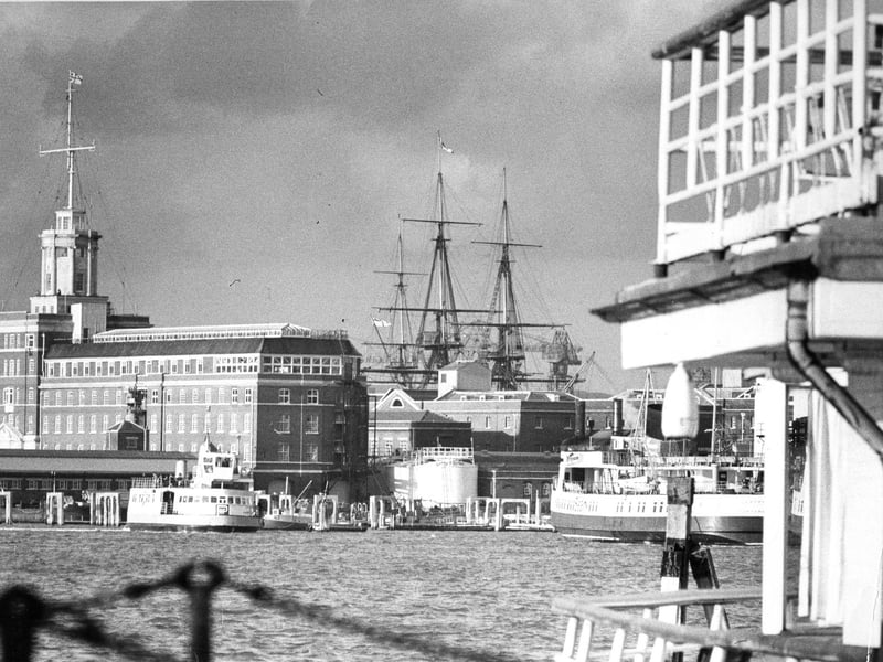 The Semaphore Tower left of the masts of HMS Victory in the Naval Base in December 1974. The News PP5001