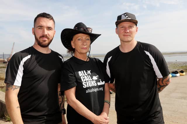 From left, Stephen James, Viv Johnston and Dan Arnold. All Call Signs Birthday event , Andrew Simpson Watersports Centre, Eastern Road.      Picture: Chris Moorhouse     (240819-34)