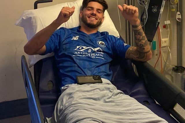 Baffins Milton Rovers FC captain Charlie Oakwell in Queen Alexandra Hospital after suffering a "horrendous" injury. Picture: Baffins Milton Rovers FC.