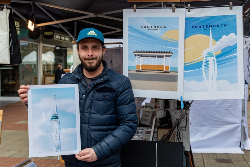 Love Southsea market has returned as Portsmouth heads into Spring. Pictured is Jamie Harknett (32) from Southsea Studio with his stunning local pictures and artwork. Picture: Mike Cooter (160324)