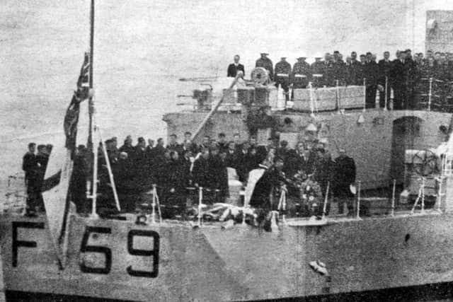 HMS Wakeful’s quarterdeck during Countess Mountabatten's funeral south of the Nab Tower. Picture: The News.