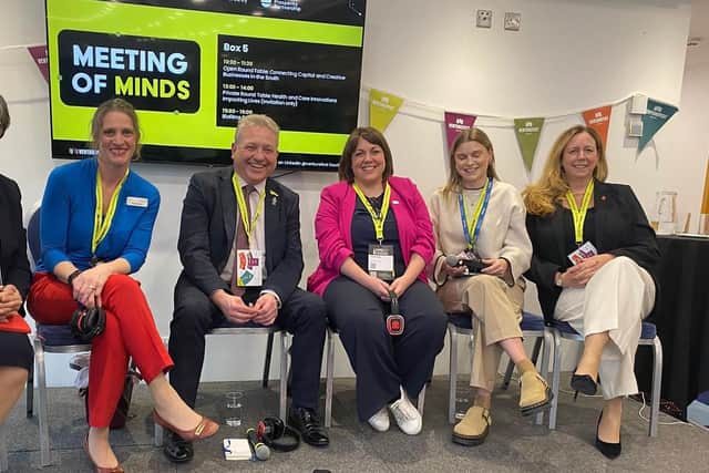 LINE UP: Barnbrook Systems director of strategy John Bradshaw with fellow panel members at Venturefest 2025. From left are Hazel Biggs (Innovate UK), Elisabeth Bell (Blake Morgan LLP),  John Bradshaw, Dr Louise Butt (Space South Central), Alice Loneragan (Roke) and Claire Hemmings (Force Development Services (FDS) Ltd)