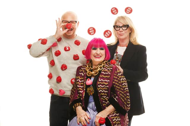 Red Nose Day is back again this year to raise money for Comic Relief.
Pictured: Dominic Skinner, Dame Zandra Rhodes, Val Garland.