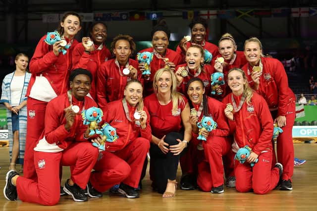 Gold medallists England and head coach Tracey Neville after victory at the Commonwealth Games in 2018. Photo by Scott Barbour/Getty Images.