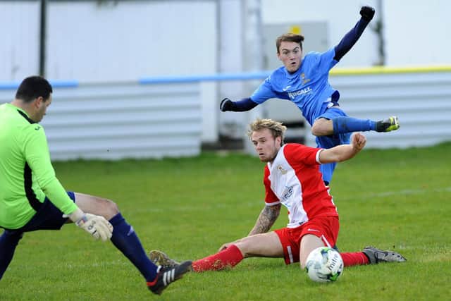 Ryan Pennery shoots wide for Baffins Milton Rovers during their 3-0 home Wessex 1 loss to US Portsmouth in December 2016 - the second (and last) time the two clubs have met in a league fixture. Picture: Malcolm Wells