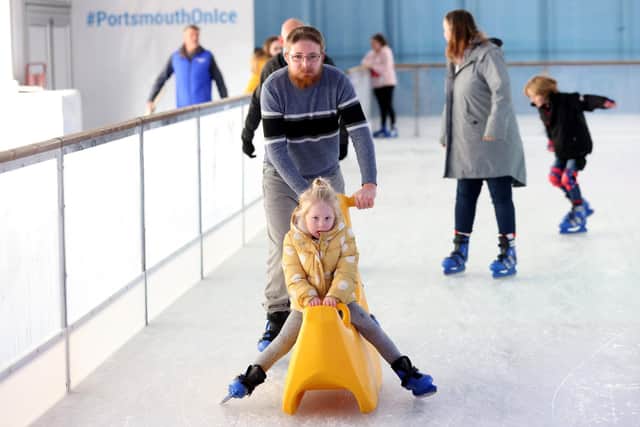 Portsmouth Ice Rink, Guildhall Square Portsmouth, Portsmouth, Portsmouth, UK last year.
Pictured is Daniel Goulding with Evie, 4.