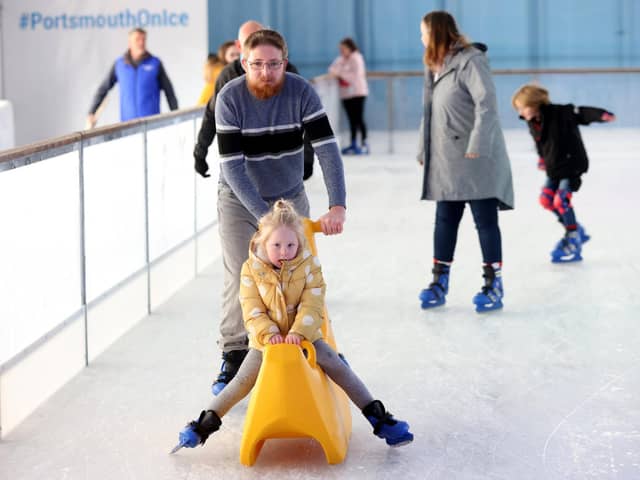 Portsmouth Ice Rink, Guildhall Square Portsmouth, Portsmouth, Portsmouth, UK last year.

Pictured is Daniel Goulding with Evie, 4.