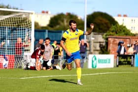Dan Wooden celebrates putting Gosport ahead against Paulton Rovers. Picture by Tom Phillips.